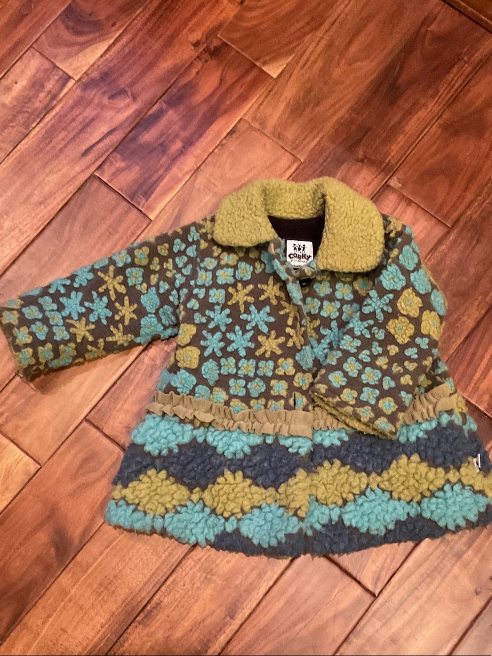 Cozy Floral Knit Kids Pea Coat in Olive & Teal